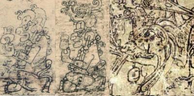 Іл. 80: Іцамна Кокаах, Дрезденський рукопис, стор. 4a, 5с; розпис на келиху… Іл. 80: Іцамна Кокаах, Дрезденський…