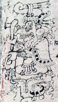 Іл. 95: Чаак з’являється з пащеки космічного змія. Дрезденський рукопис, с. 40… Іл. 95: Чаак з’являється з пащеки…