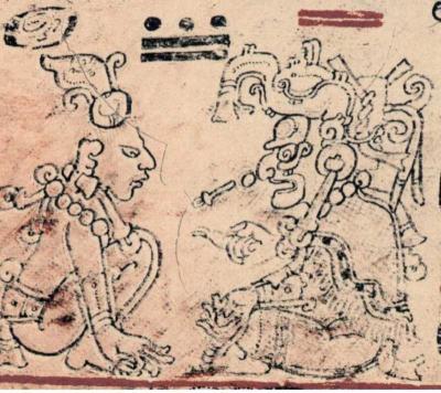 Іл. 101: Бог Маїсу та Іцамна Кокаах.Дрезденський рукопис, с. 9b. Іл. 101: Бог Маїсу та Іцамна…