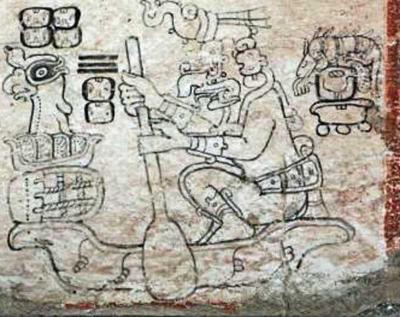 Іл. 109: Східний Чаак веслує на каное.Дрезденський кодекс, с. 72 (43)с. Іл. 109: Східний Чаак веслує на…