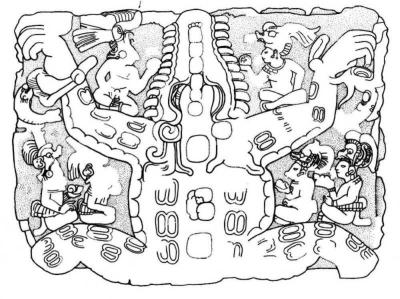 Іл. 141: Боги навколо космічного каймана. “Вівтар Т з Копана”. Промальовка… Іл. 141: Боги навколо космічного…
