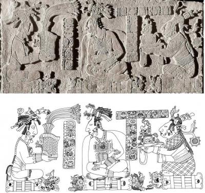 Іл. 159: К'ан Хой Кітам ІІ отримує від батьків знаки влади. «Трифігурна… Іл. 159: К'ан Хой Кітам ІІ отримує від…