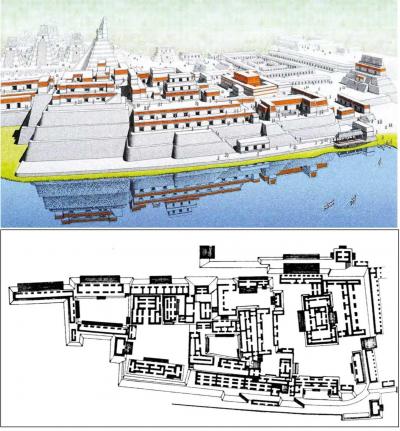 Іл. 177: “Центральний Акрополь” в Тікалі.Вгорі – реконструкція Пітера… Іл. 177: “Центральний Акрополь” в…