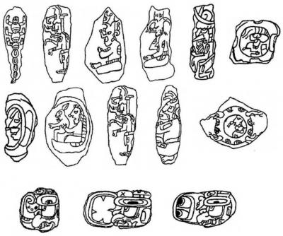 Іл. 196: “Фігурний обсидіан” зі схованок під стелами в Тікалі. Промальовки… Іл. 196: “Фігурний обсидіан” зі…