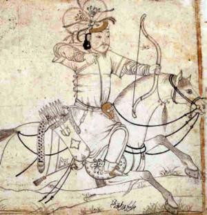 Монгольський вершник на полюванні.…