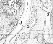 Рис. 2.4.3.76. Траса переправи та дороги на Москву на мапі 1820 р.: 1 –… Рис. 2.4.3.76. Траса переправи та…