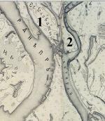 Рис. 2.5.5.13. Острів «Еловатый» на мапі Києва 1896 р. (1), 2- позначено… Рис. 2.5.5.13. Острів «Еловатый» на…