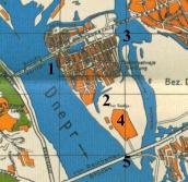 Рис. 2.7.10.21. Передмостова Слобідка на німецькій мапі Києва 1943 р.: 1 –… Рис. 2.7.10.21. Передмостова Слобідка…