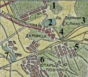 Рис. 2.7.11.21. Дарниця на плані Києва 1936 р.: 1- Дарницькі табори, нижче… Рис. 2.7.11.21. Дарниця на плані Києва…