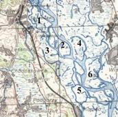 Рис. 2.7.12.28. Південна заплава Дніпра у Києві на німецькій мапі 1941 р.: 1 –… Рис. 2.7.12.28. Південна заплава…