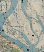 Рис. 2.7.9.24. Труханів острів на мапі 1932 р.: 1 – берегоукріплення західного… Рис. 2.7.9.24. Труханів острів на мапі…